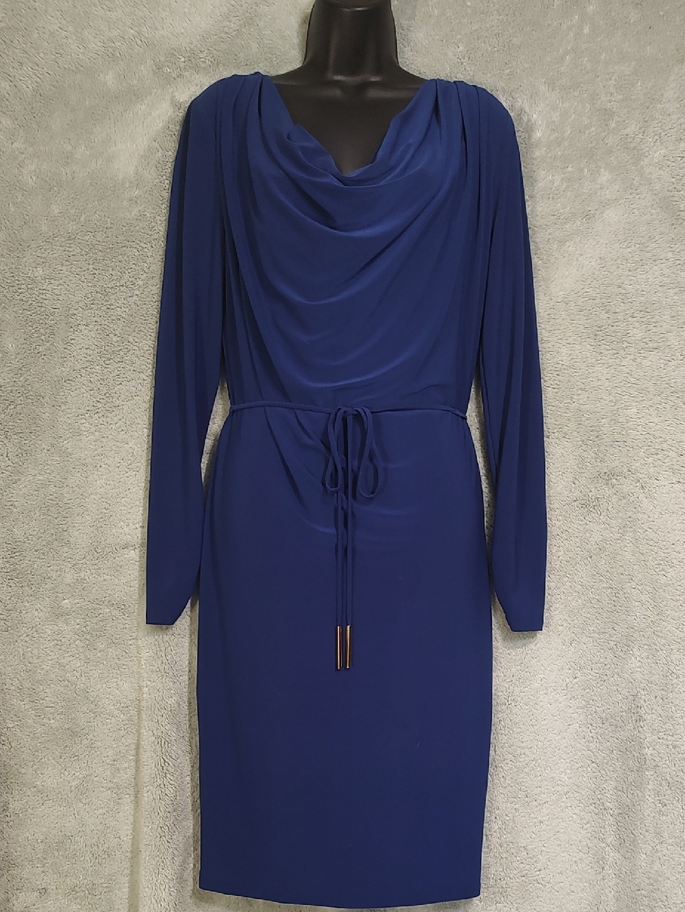 Draped Cowl Neck Long Sleeve Dress in Royal Blue